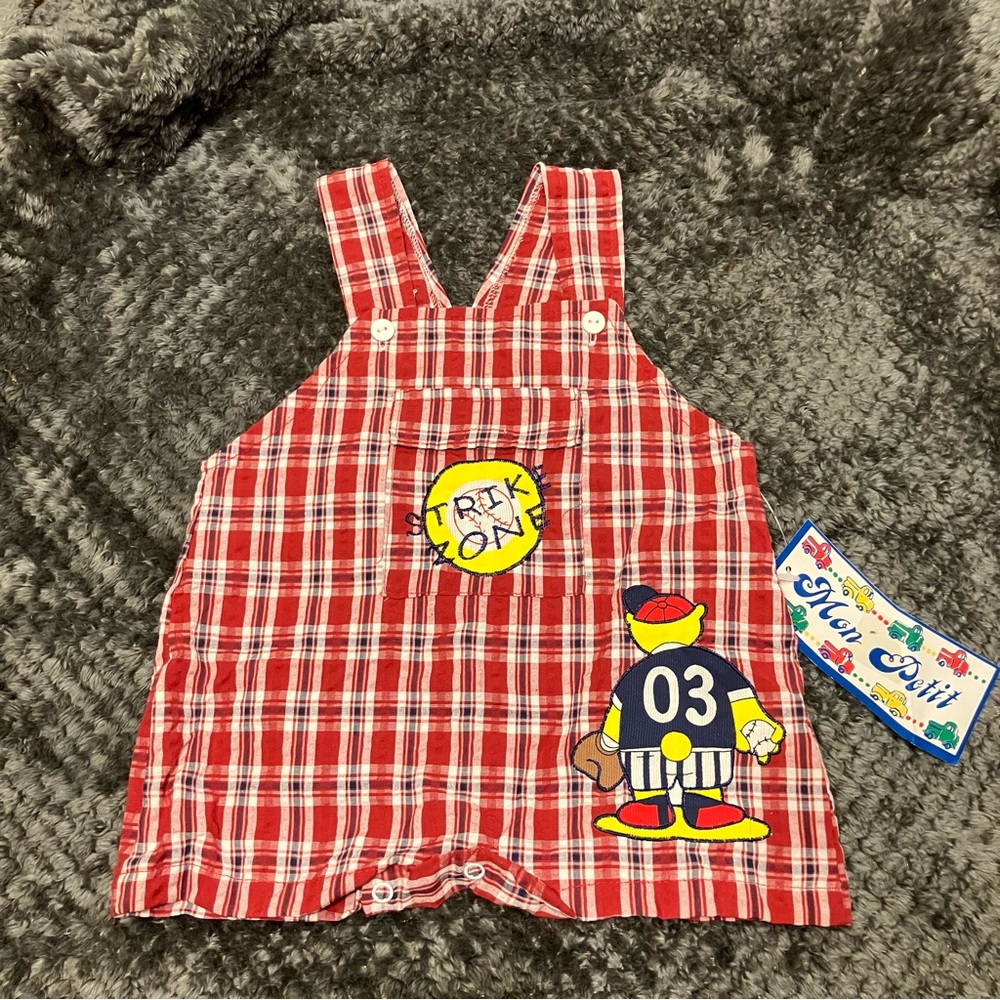 Vintage 90s Y2K Mon Petit Red Plaid Boys Baseball-Theme Overalls Sz 6-9M‎ NWT